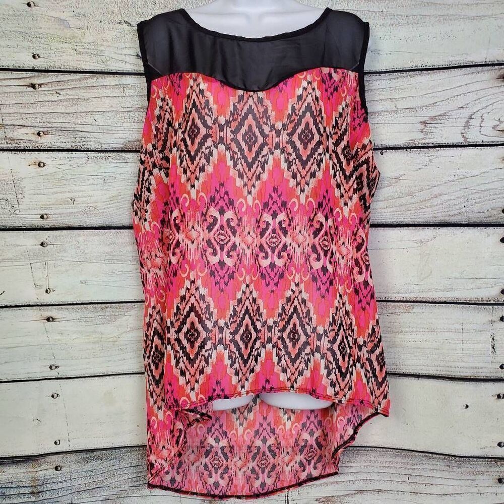 Plus Size Pina Women’s Pink Aztec High-Low Sleeveless Top 1X Sheer Yoke
